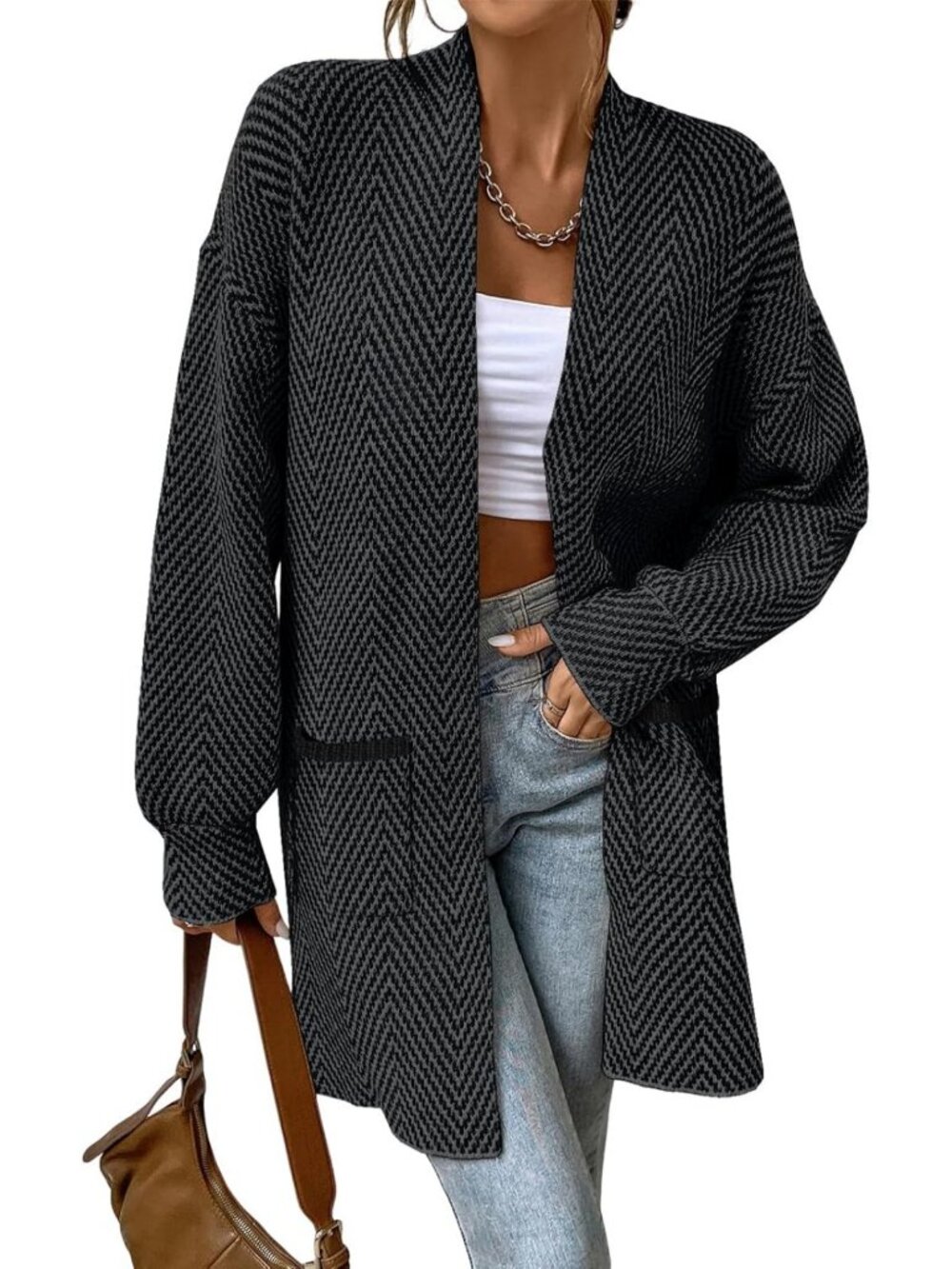 Chic Open Front Chevron Cardigan Sweater for Women - Cozy Layering Essential